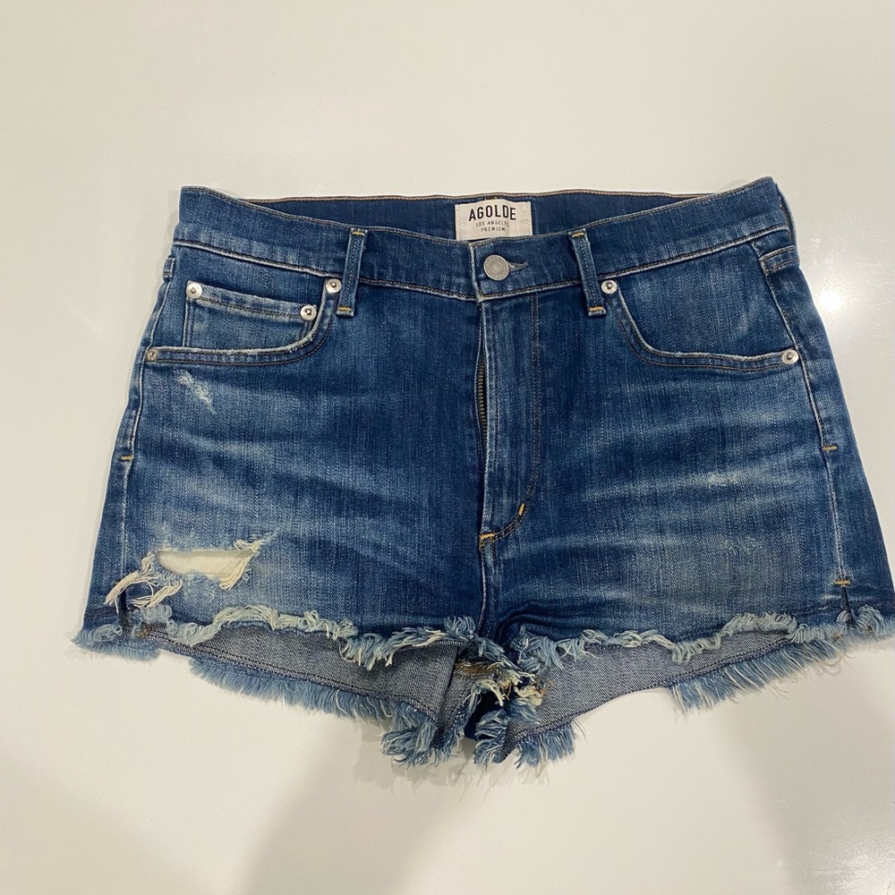Agolde Blue Jean Shorts with Distressed Raw Hem